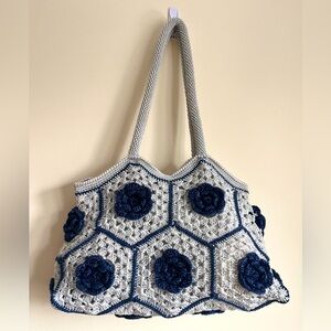 Blue and White Crochet Floral Tote Bag